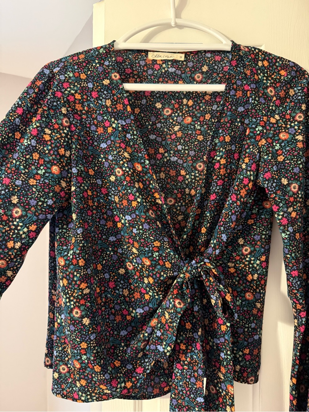 Chloe & Katie Black Floral Tie-Front Top with Multicolor Blooms